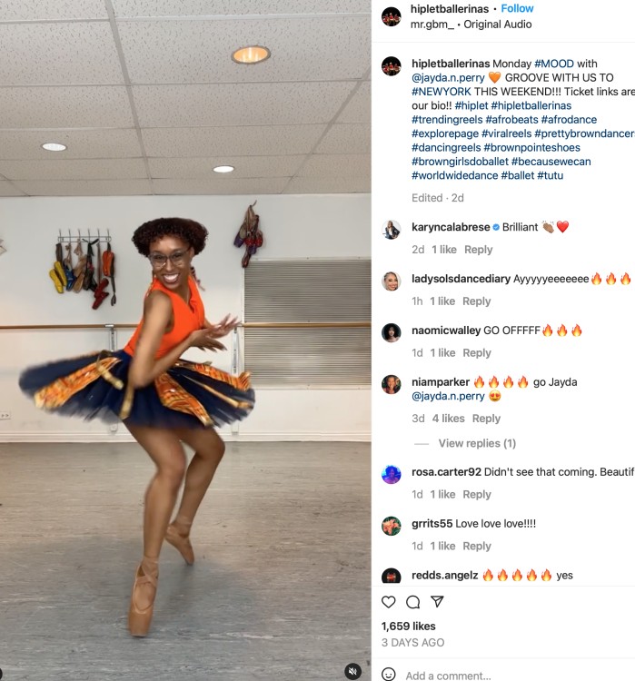 a brown skin woman in a tuto made of tulle and African print fabric dances in celebration of her upcoming NY performance